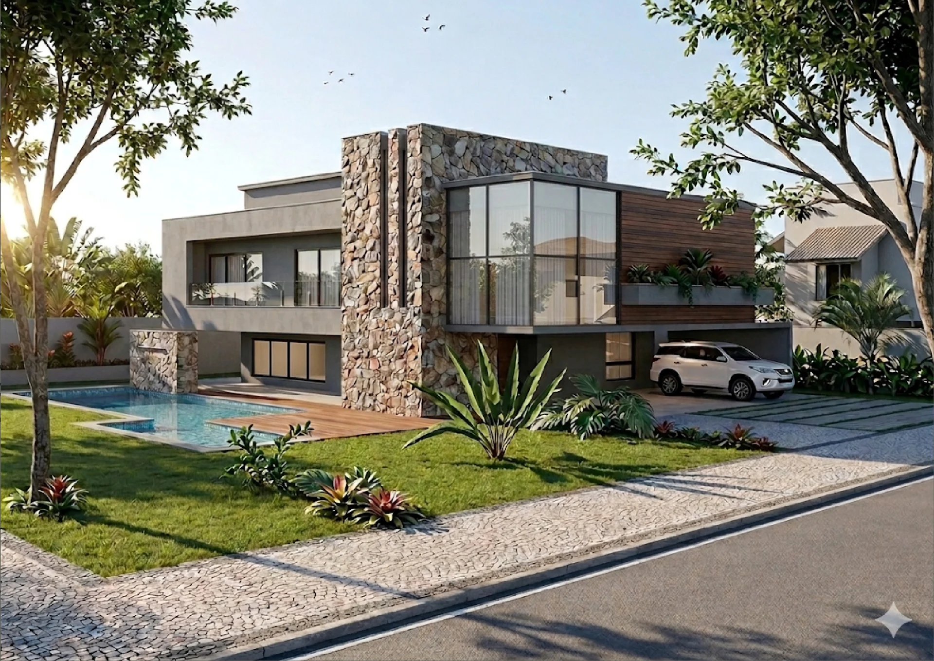 Render de casa com fachada em pedra, vidro e piscina; imagem de projeto residencial