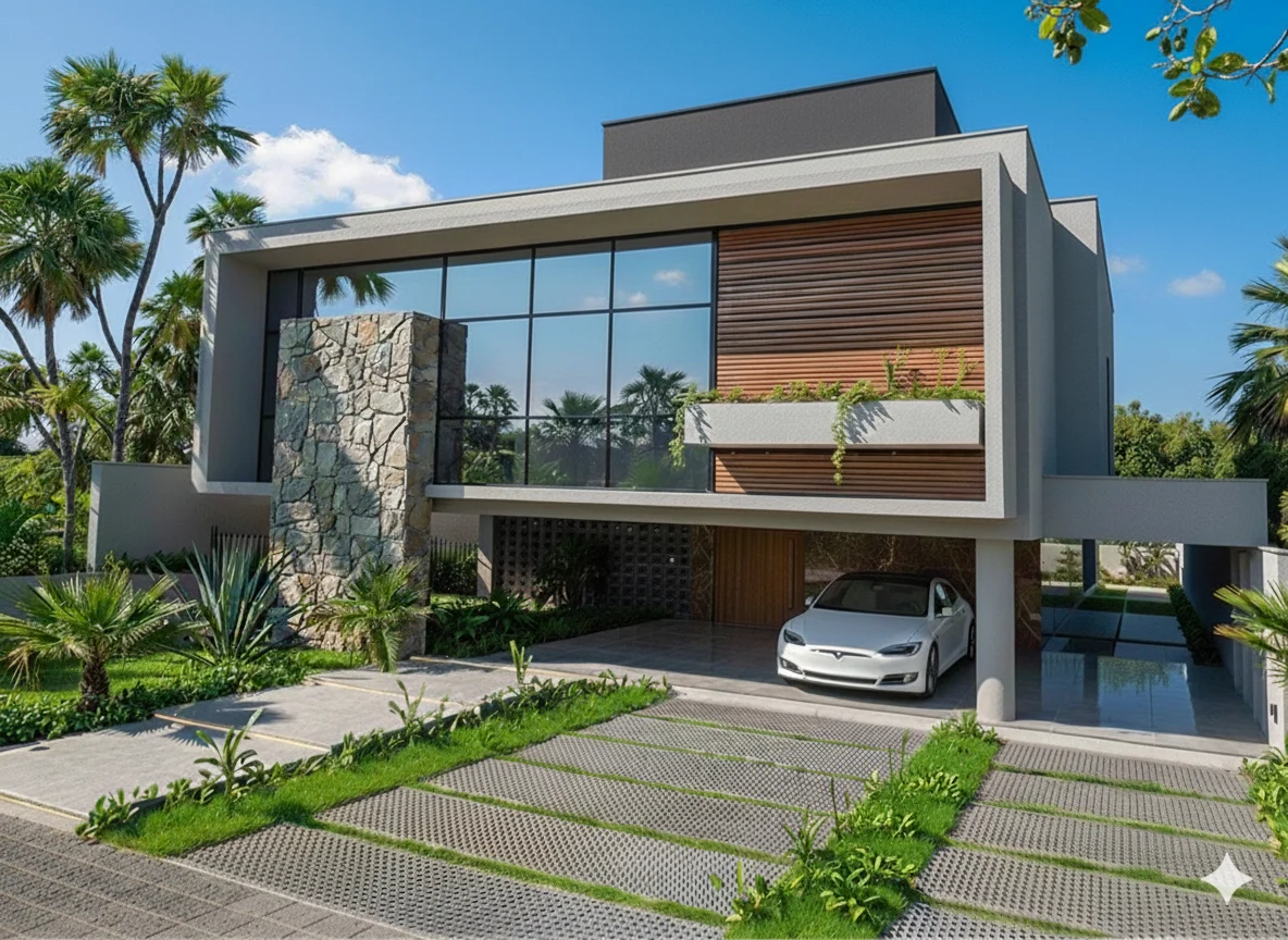 Render de fachada com volumes retos, vidro, ripado de madeira e jardim tropical