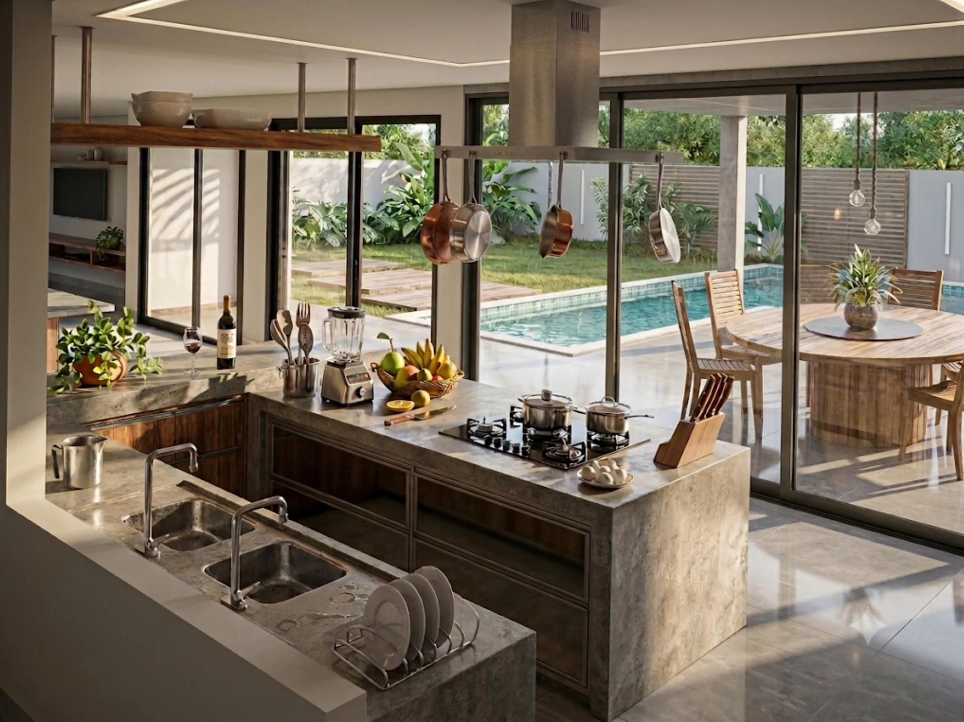 Render de cozinha integrada com bancada em pedra, portas de vidro e vista para a piscina